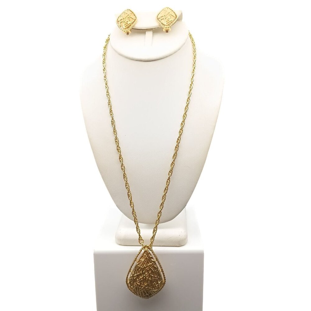 Sarah Coventry Gold-Tone Textured Pendant Necklace & Clip-On Earrings Set Modern